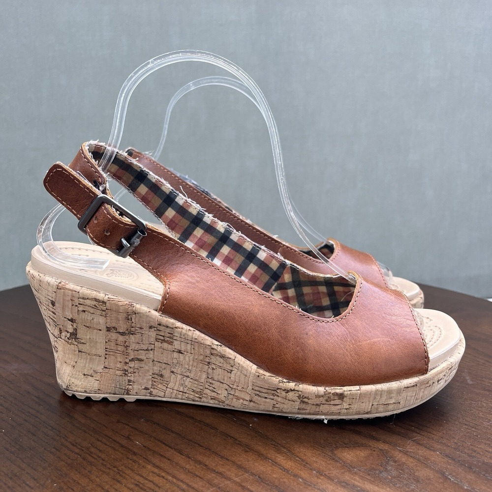 Crocs A Leigh Sandals Women's Size 8 Tan Brown Leather Cork Platform Wedge Shoes - Picture 5 of 16